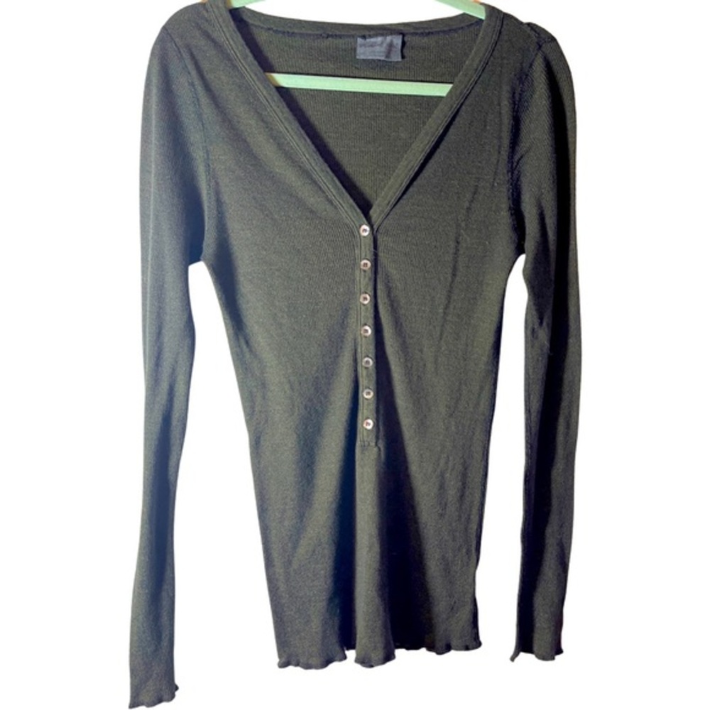 Michael Stars The‎ Original Tee Henley  Long Sleeve Olive Green One Size